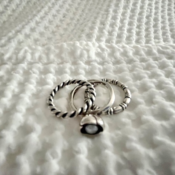 Pandora Sterling Silver and Grey Pearl 3 Ring Set Size 8 - Picture 2 of 16